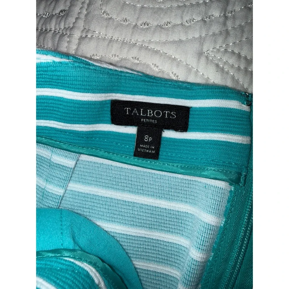 Talbots A-Line‎ Skirt Womens 8P Teal White Striped Pockets Back Zip cottagecore